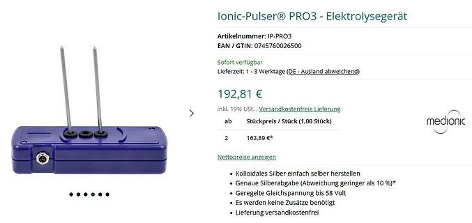 Produktseite eines Electrolysegeräts