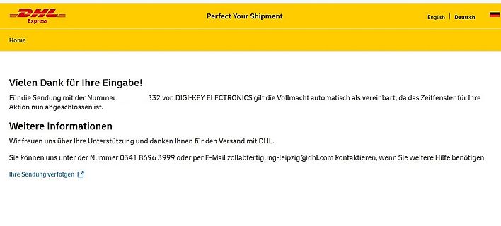 DHL Express Bestätigungsmeldung