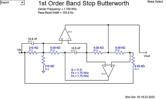 Schaltplan eines 1st Order Band Stop Butterworth Filters