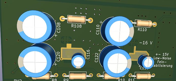 CAD-Ansicht einer Leiterplatte mit Elektrolytkondensatoren und Widerständen