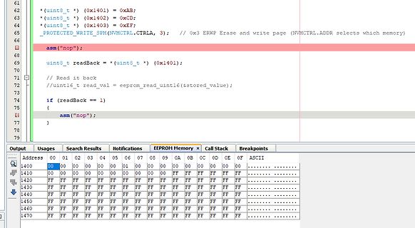 C-Code und EEPROM-Speicheransicht im Debugger