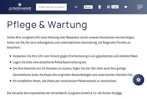 Website-Text zur Pflege und Wartung von Junghans Uhren