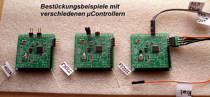 Drei verschiedene Mikrocontroller-Platinen mit Beschriftung