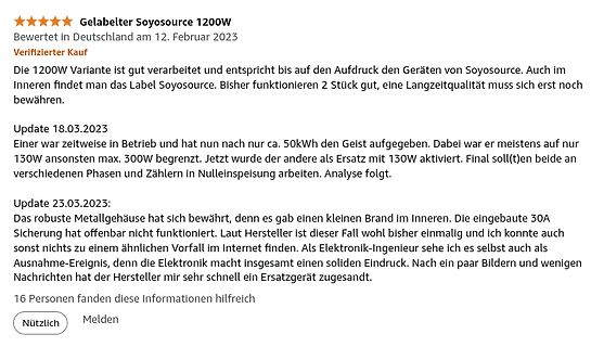 Amazon-Kundenrezension zu einem Soyosource 1200W Gerät