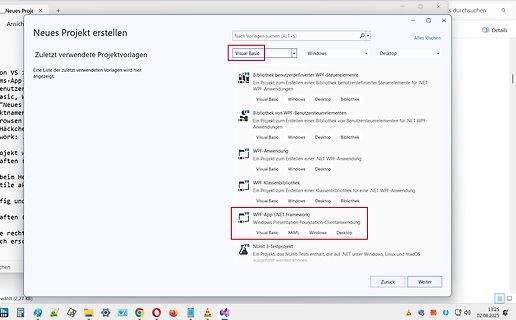 Visual Studio Projektvorlagen Auswahlmenü