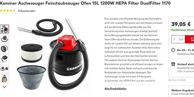 Kaminer Aschesauger mit Zubehörteilen