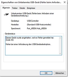 Windows Fehlermeldung Unbekanntes USB-Gerät Code 43