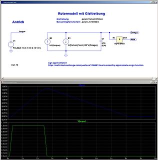 Simulationsmodell eines Rotormodells mit Gleitreibung und Oszillogramm