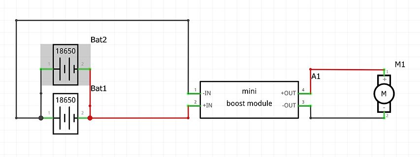 Schaltplan mit zwei 18650 Batterien, Boost-Modul und Motor