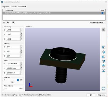 Software-Dialogfenster für Footprint-Eigenschaften mit 3D-Modell-Vorschau