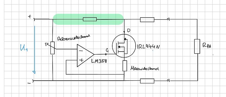 Handgezeichneter Schaltplan mit MOSFET und Operationsverstärker
