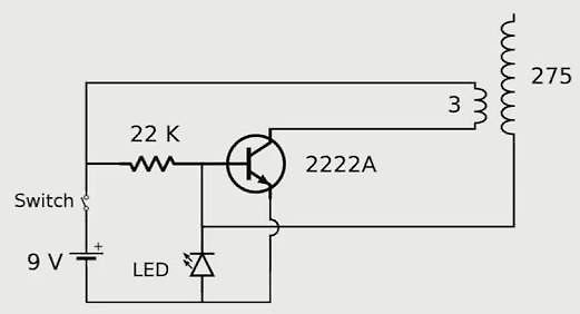 Schaltplan einer Transistor-Schaltung mit LED und Spule