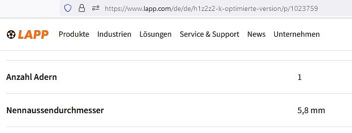 Ausschnitt einer Produktwebseite von Lapp Kabel