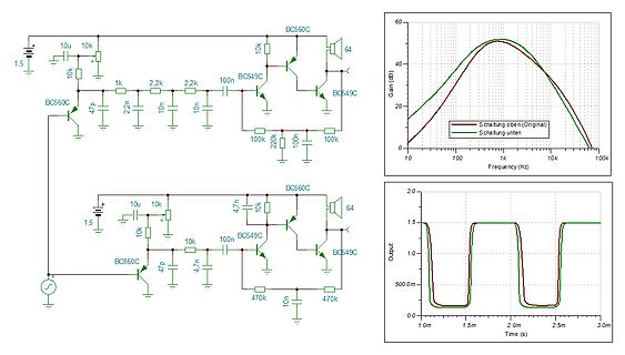 Schaltpläne und Diagramme eines Transistorverstärkers