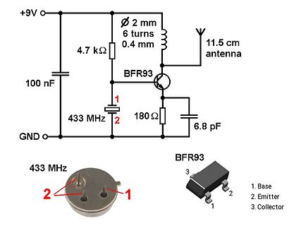 Schaltplan und Bauteilansicht eines 433 MHz Senders