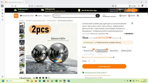Temu Produktseite für Edelstahl-Lagerkugeln