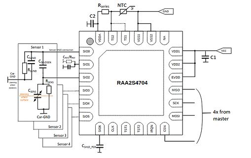 Schaltplan eines RAA2S4704 Mikrocontrollers mit Sensoranbindung