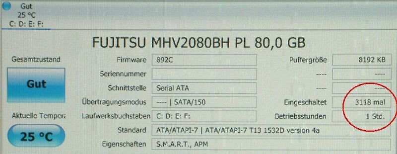 S.M.A.R.T.-Statusanzeige einer Fujitsu Festplatte