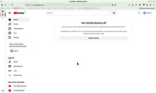 YouTube Webseite mit deaktiviertem Verlauf