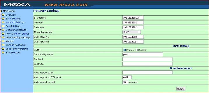 Webinterface der Netzwerkeinstellungen eines Moxa-Geräts