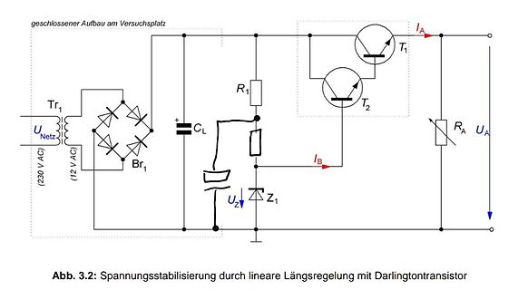 Schaltplan einer Spannungsstabilisierung mit Darlingtontransistor