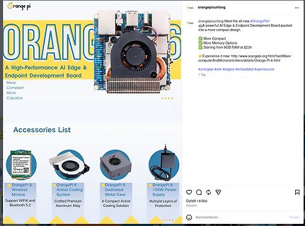 Instagram Post über Orange Pi 6 Entwicklung Board