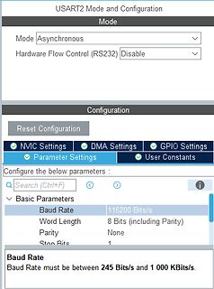 Konfigurationsmenü für USART2 Mode und Parameter