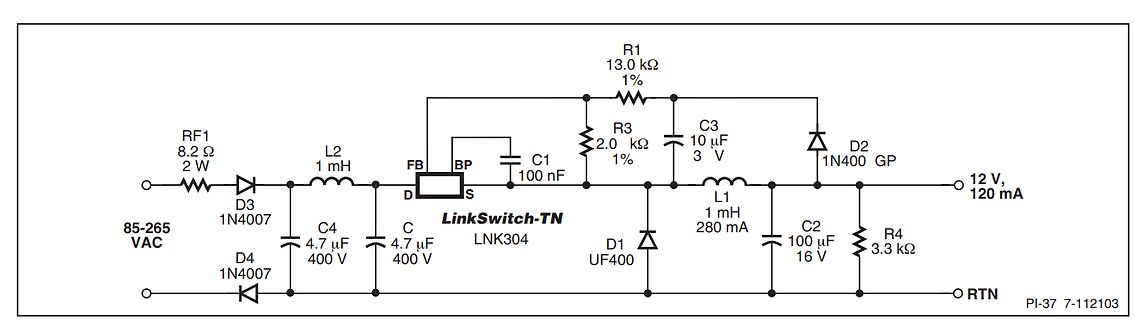Schaltplan eines Schaltnetzteils mit LinkSwitch-TN