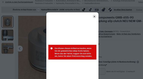 eBay-Produktseite mit Fehlermeldung
