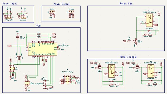 Schaltplan einer Mikrocontroller-Steuerung mit Relais und Lüfter