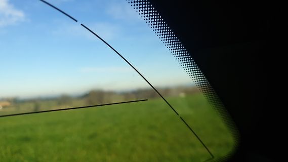 Blick durch eine Windschutzscheibe auf eine Wiese