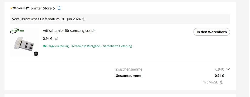 Screenshot eines Online-Shops für ein Druckerteil