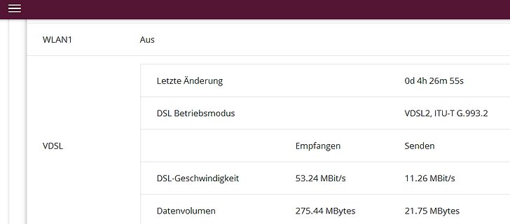 Screenshot von VDSL-Verbindungsdaten