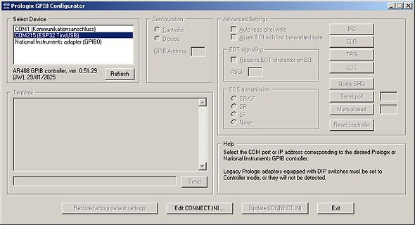 Prologix GPIB Configurator Software Fenster