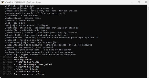 Server-Konsole mit Befehlsliste und Log-Einträgen