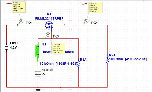 Schaltplan mit MOSFET und Messpunkten