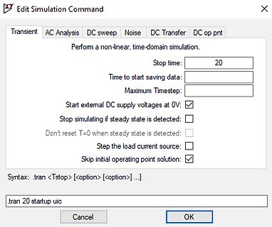 Dialogfenster für Simulationsbefehle einer Elektronik-Software