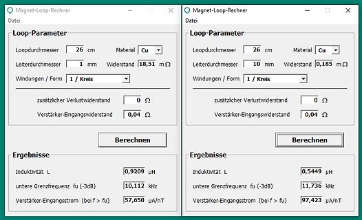 Magnet-Loop-Rechner Software mit Parametern und Ergebnissen