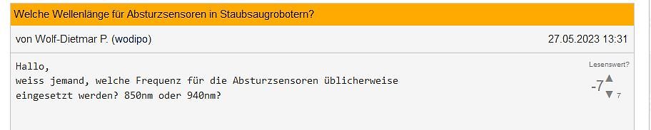 Screenshot eines Forenbeitrags über Wellenlängen von Absturzsensoren