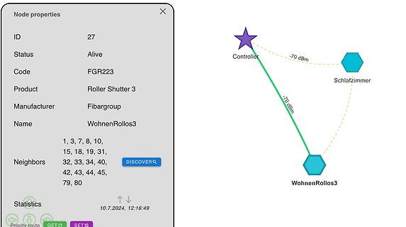 Software-Screenshot eines Mesh-Netzwerk-Diagramms und Knoteneigenschaften