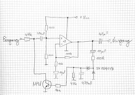 Handgezeichneter Schaltplan mit Operationsverstärker und NPN-Transistor
