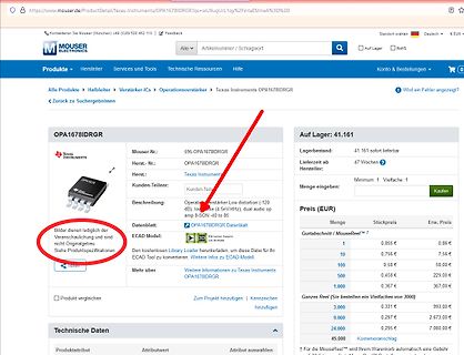 Mouser Webseite Produktseite für Operationsverstärker