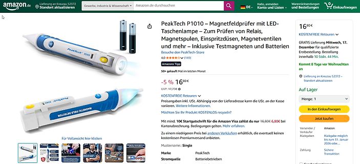 Amazon Produktseite PeakTech P1010 Magnetfeldprüfer