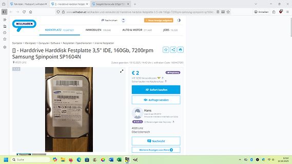 Willhaben Anzeige für Samsung Spinpoint Festplatte