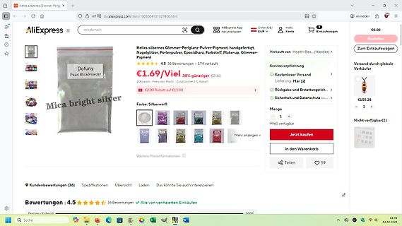 AliExpress Produktseite für Silber-Glimmer-Pulver