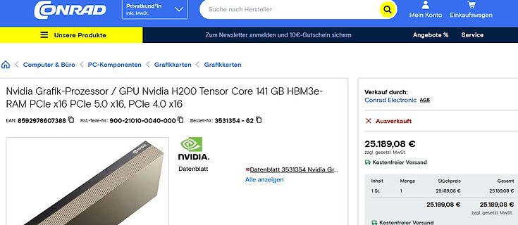 Screenshot eines Conrad Onlineshops für eine Nvidia H200 GPU
