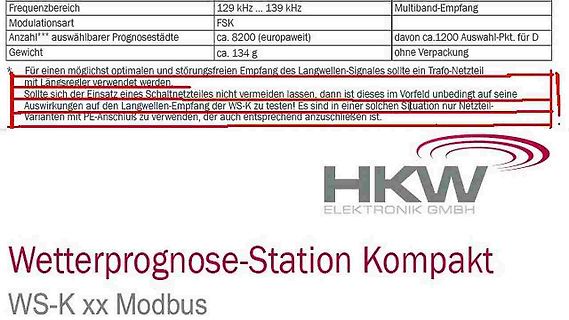 Technische Daten und Warnhinweis Wetterprognose-Station Kompakt