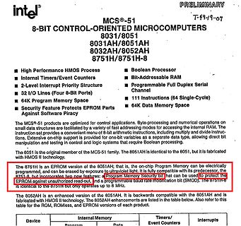 Datenblattseite der Intel MCS-51 Mikrocontroller-Serie