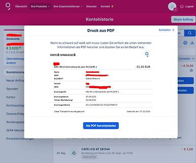 Screenshot einer Online-Banking-Transaktion als PDF-Vorschau