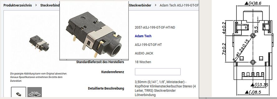 Produktseite eines Audio-Jacks mit technischer Zeichnung